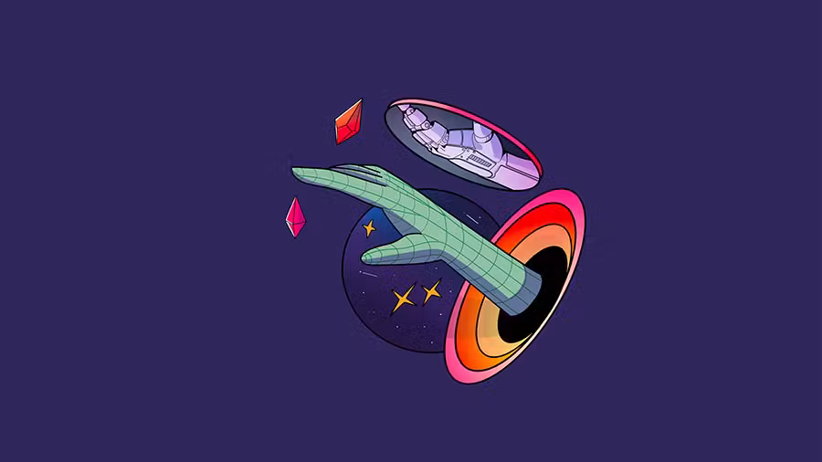 Illustration of a green mechanical arm reaching out of a black hole with a ringed accretion disk, alongside a floating robotic arm in a UFO and red gem shapes, on a dark purple background.