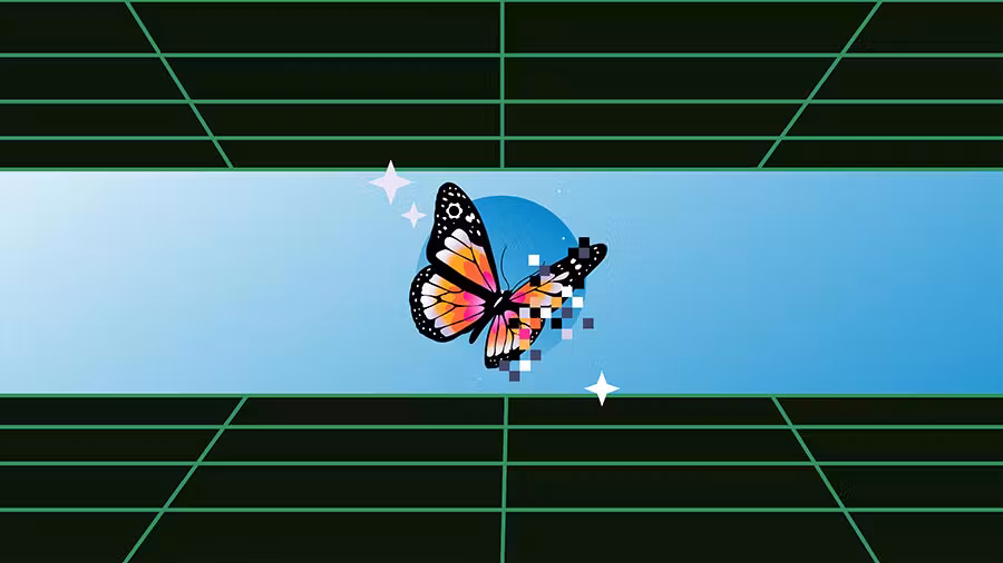 Illustration of a colorful monarch butterfly dissolving into pixels against a blue horizontal band, set on a dark green grid background.