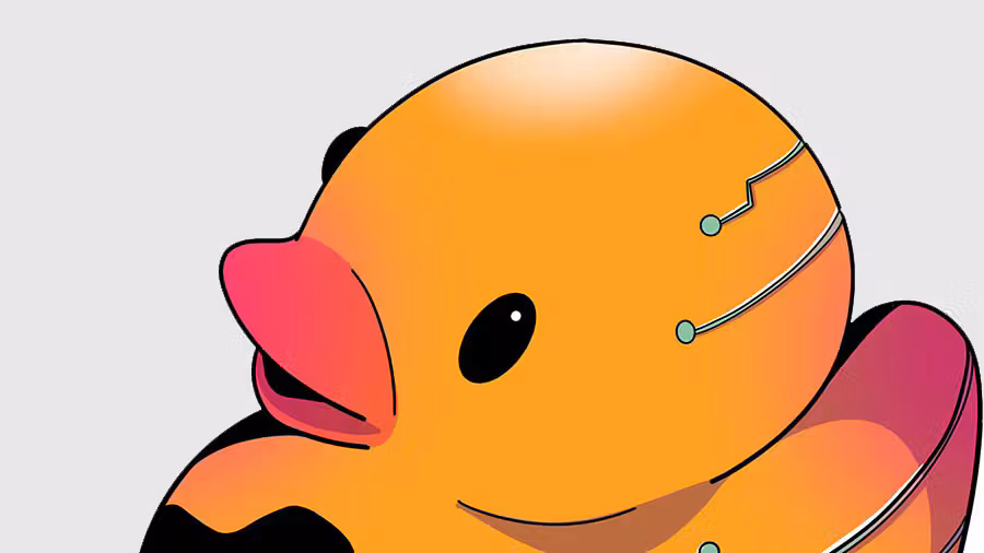 Close-up illustration of an orange rubber duck with circuit-board-style lines and glowing nodes on its head, against a white background.