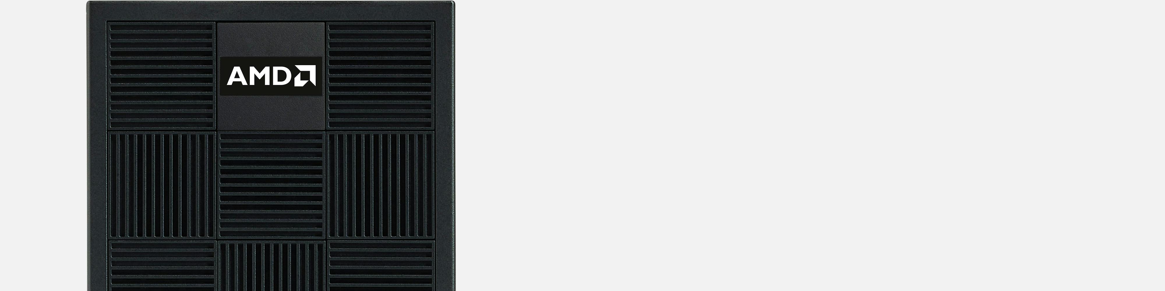 Top third of a Framework Desktop, with a AMD tile among other black tiles.