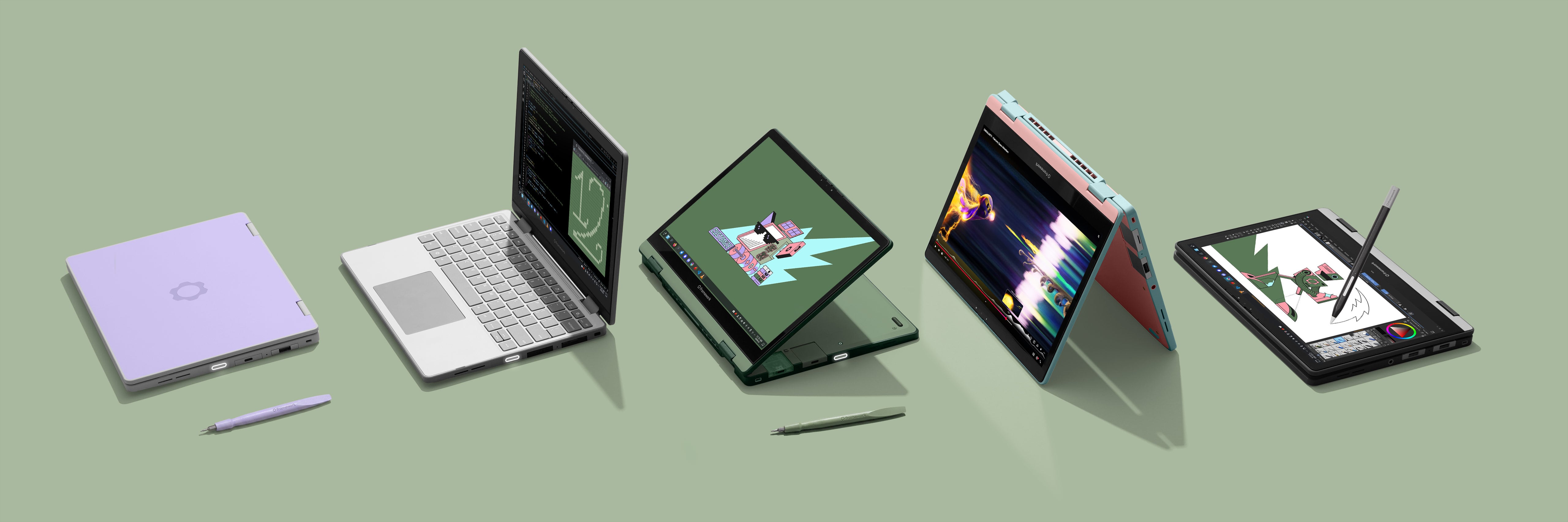 Five Framework Laptop 12 laptops in a row showing different colorways (Lavender, Gray, Sage, Bubblegum, Black) in various open positions, from closed to fully flipped into tablet mode, with matching styluses along with a few laptops, displayed against a sage green background.