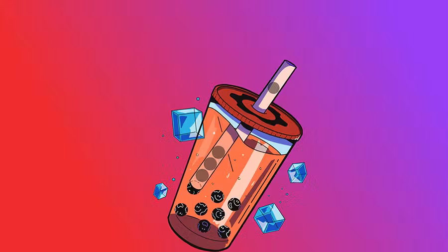 Illustration of a tilted boba tea cup with a straw, tapioca pearls featuring smiley faces, and ice cubes floating around it, on a red-to-purple gradient background.