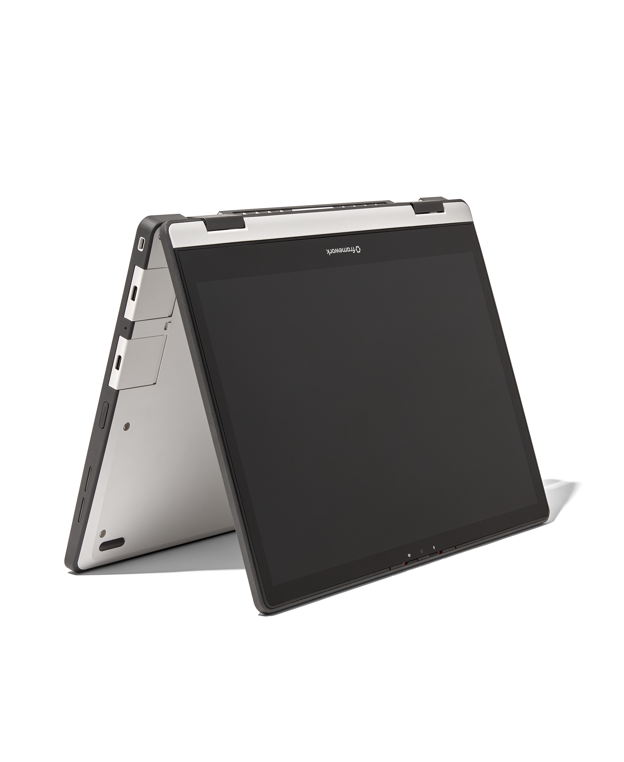 Gray Framework Laptop 12 in tent mode