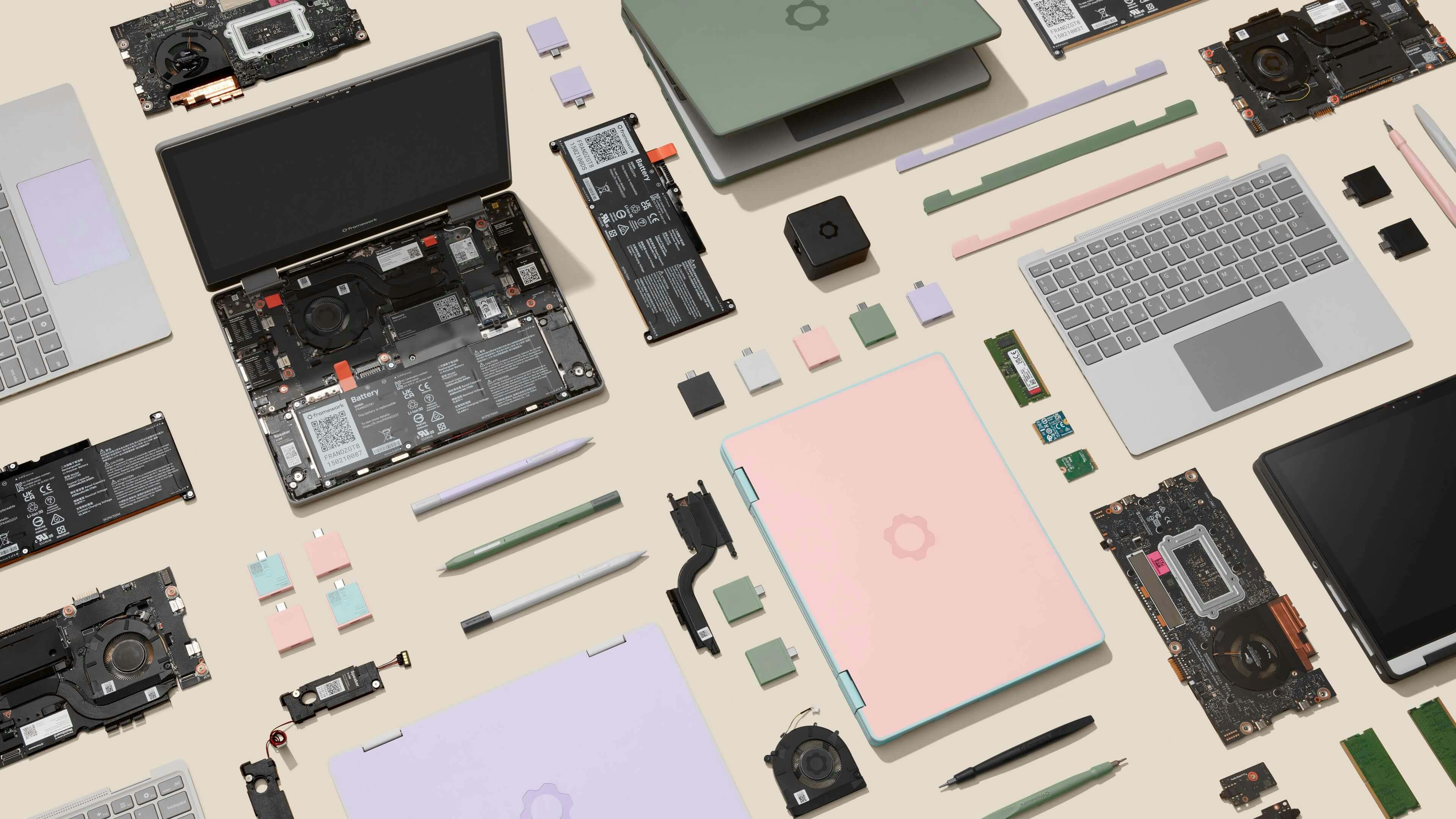 Banner with a disassembled Framework Laptop 12