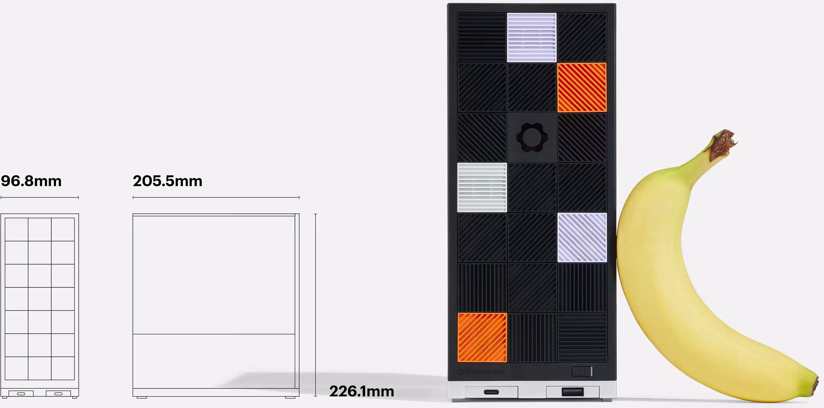 Size comparison of Framework Desktop with a banana along with dimensions –  96.8 x 205.5 x 226.1mm