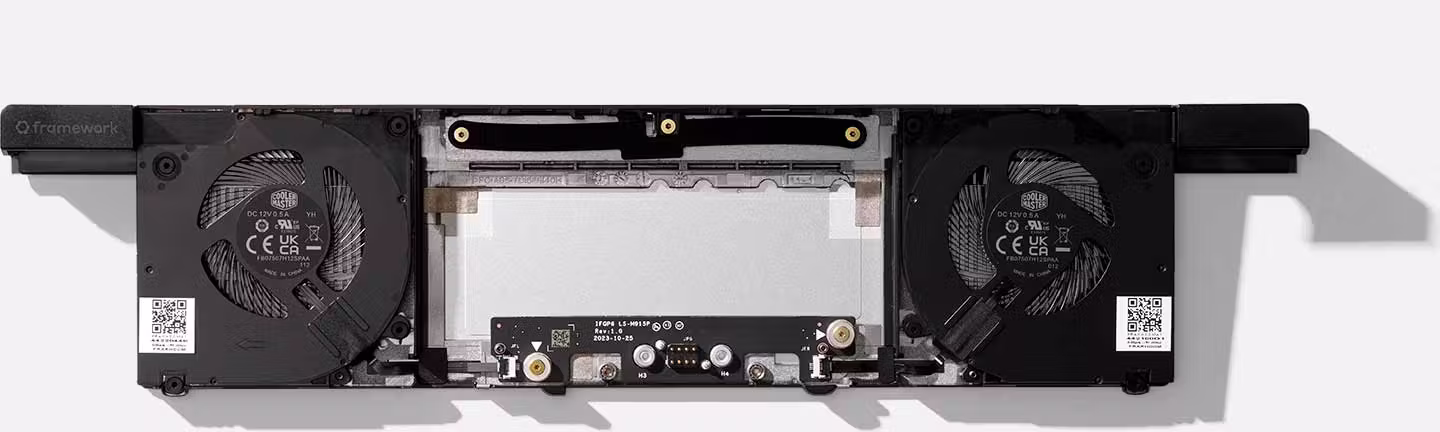 Top-down studio shot of a Framework Laptop 16 Expansion Bay Shell.