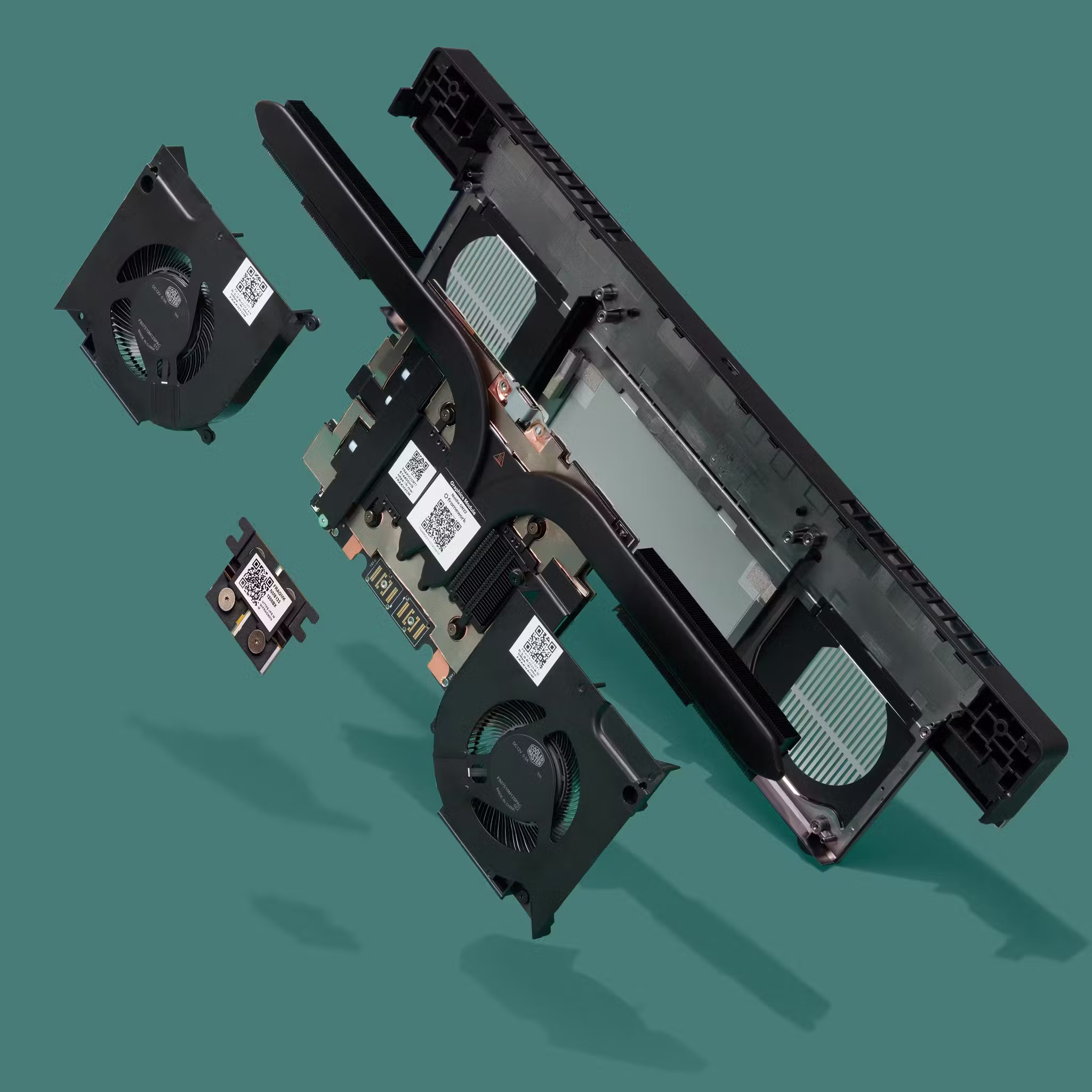 Exploded view of a Framework Laptop 16 GPU.