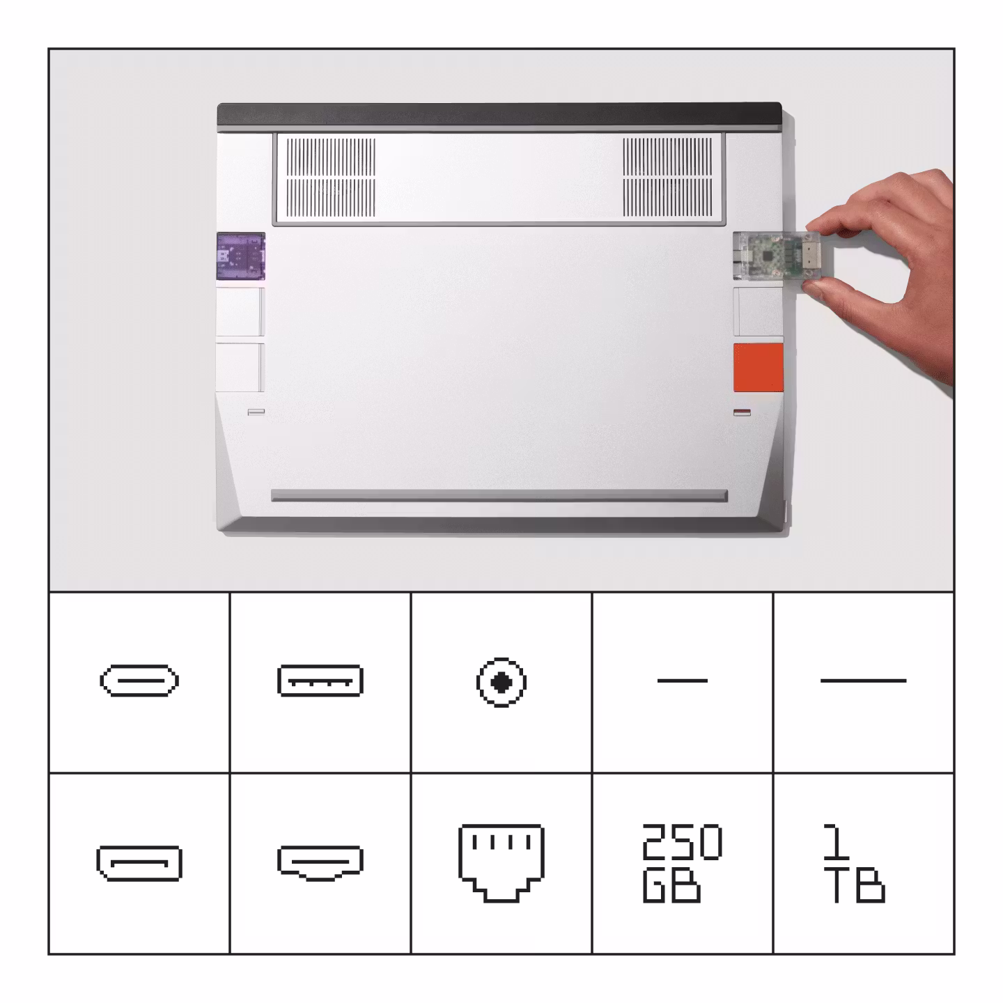 An upside-down Framework Laptop 16, focused on six Expansion Card slots, with supporting icons representing USB-C, USB-A, HDMI, DisplayPort, Ethernet, 250GB, 1TB, MicroSD, SD, and Audio