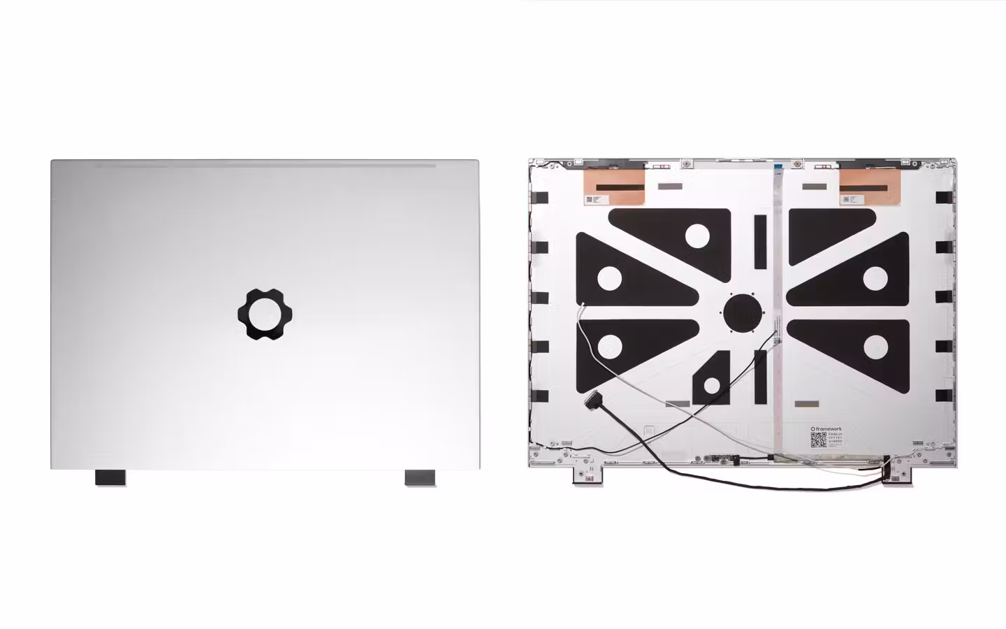 Top-down studio shot of a Framework Laptop 16 Top Cover (exterior and interior perspective).