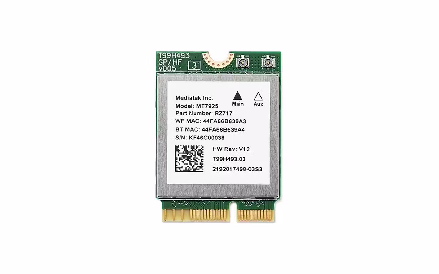 Top-down studio shot of a Wi-Fi 7 card.