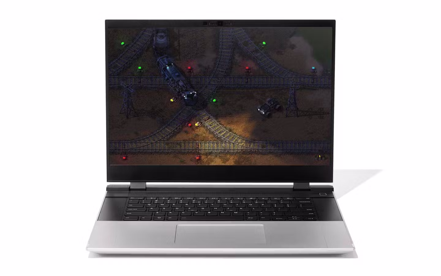 Straight-on studio shot of a Framework Laptop 16 showcasing the large display with a game on screen.