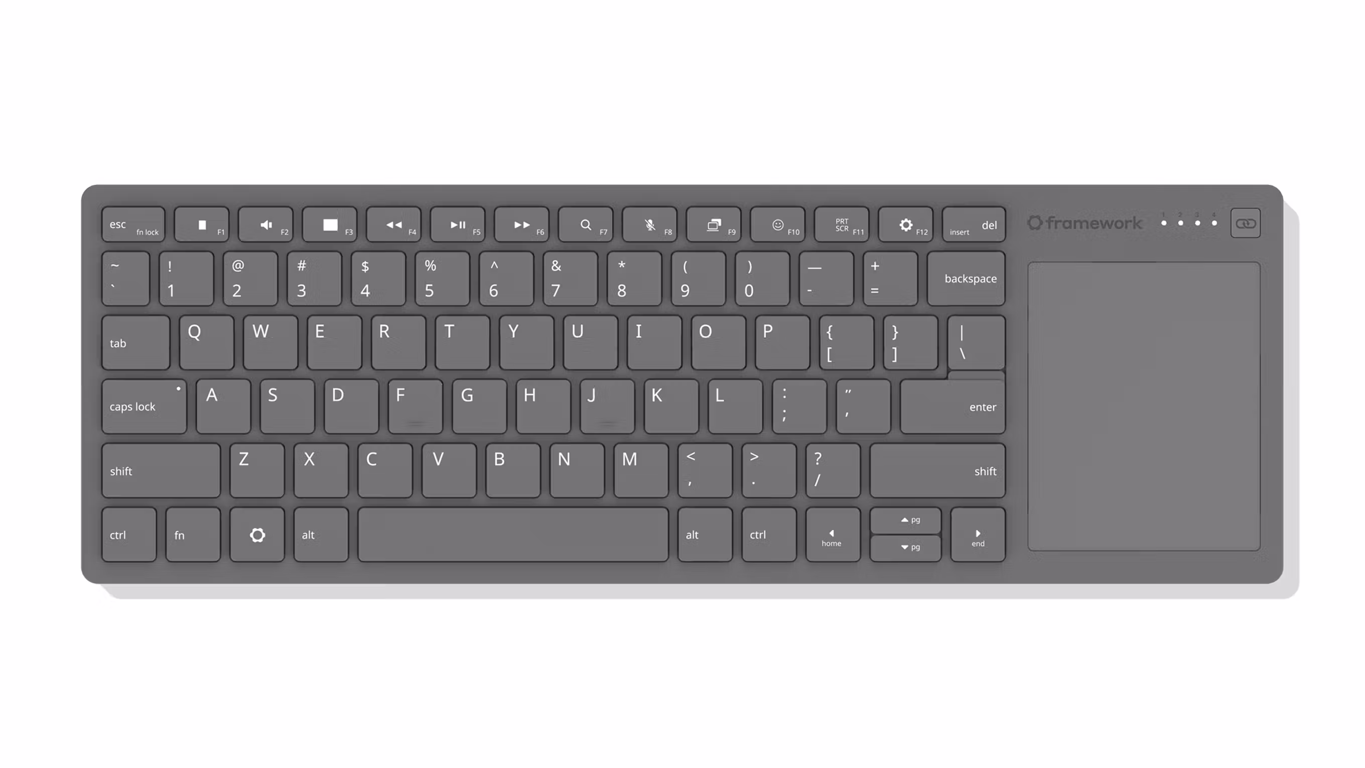 A top-down studio shot of a Framework Wireless Touchpad Keyboard.