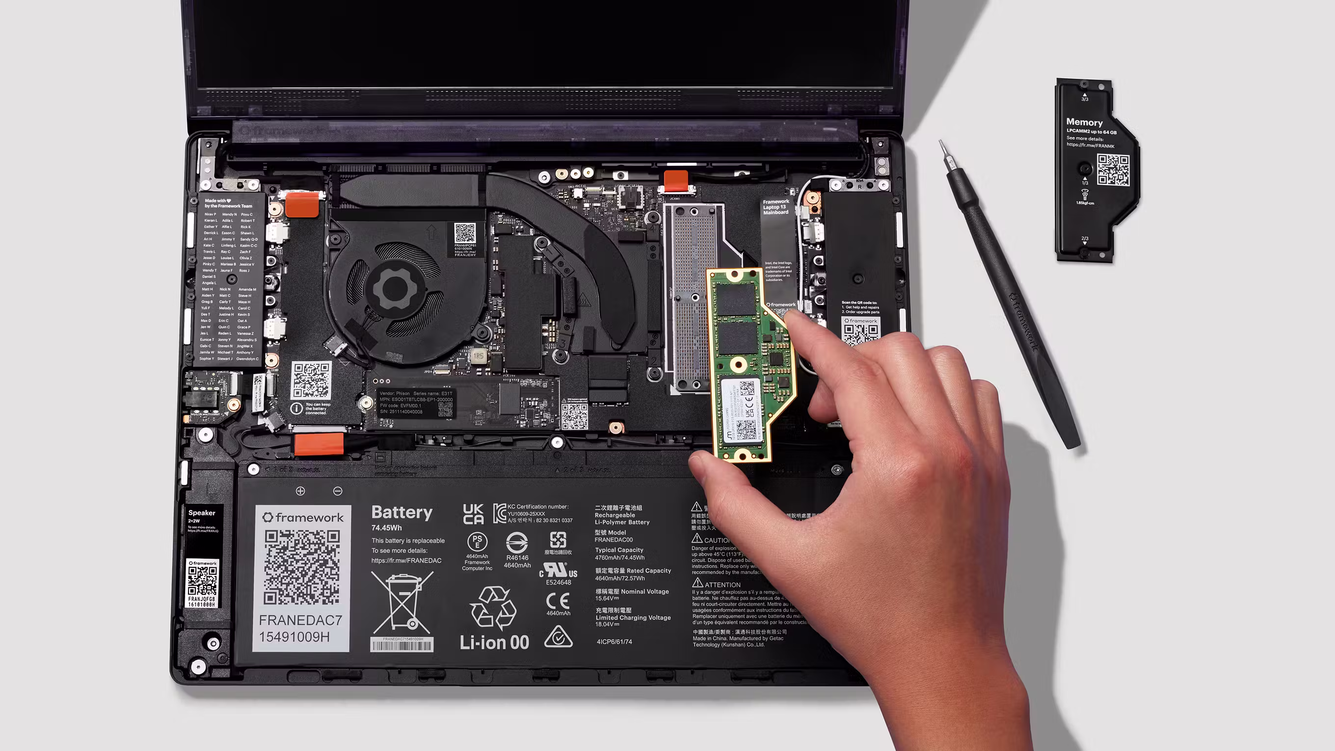 A tight close-up of Framework Laptop 13 Pro internals focussing on the LPCAMM2 memory card