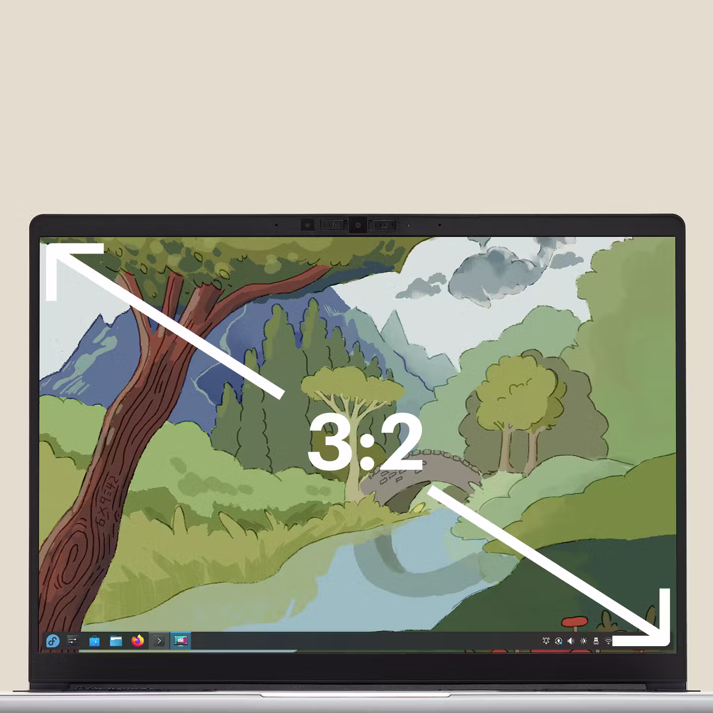 A tight straight-on shot of a Framework Laptop 13 display with 3:2 aspect ratio overlaid on it. 