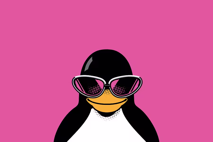 A pop-art style illustration of the Linux mascot, Tux the penguin, against a vibrant pink background. Tux is wearing stylish oversized sunglasses that reflect a halftone pattern.
