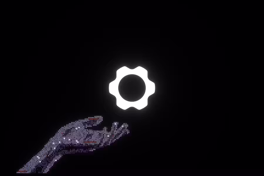 A minimalist black wallpaper featuring a glowing white Framework gear logo floating above a hand made of shimmering digital code and terminal text.