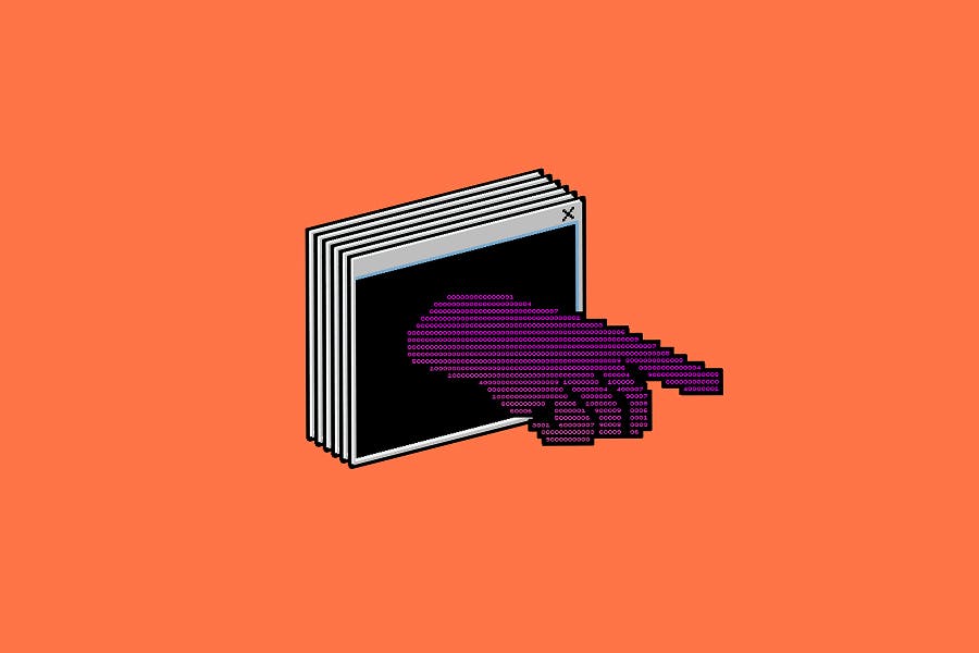 An orange background featuring a stack of retro computer windows. Emerging from the front window is a hand made of pink digital terminal text, pointing toward the right.