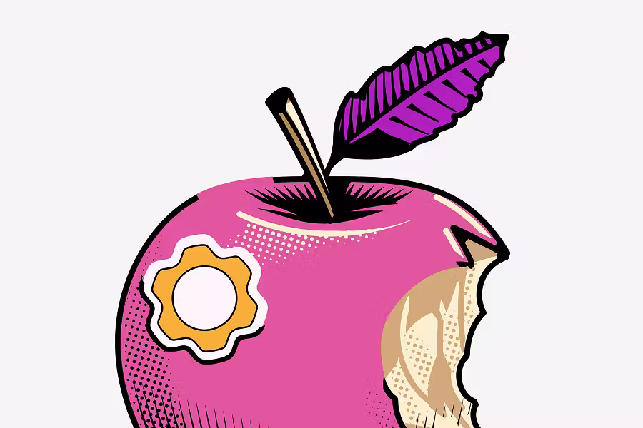 A close-up, stylized illustration of a pink bitten apple with a Framework gear logo sticker on its side. A purple feather acts as the leaf, all set against an off-white background.