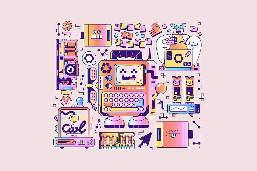 A playful illustration on a light beige background centered around a robot shaped like a typewriter. Surrounding it are various icons of repair and modularity, including a "Right to Repair" keyboard tile set, a 3D printer, and a person working on a small circuit board.