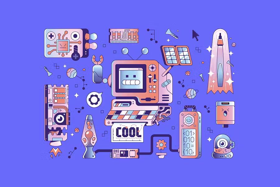 A variation of the first collage on a purple-blue background, with the tech elements—like the retro computer, RAM, and battery characters—more spaced out and floating freely across the canvas.