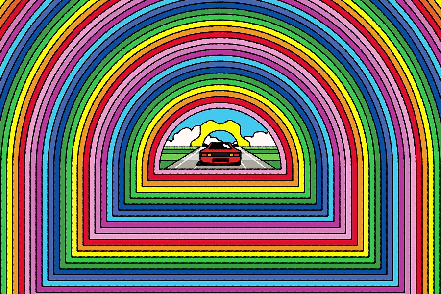 A mesmerizing retro-style illustration featuring nested, colorful arched frames that create a tunnel effect. In the very center, a red sports car drives down an open highway toward a bright yellow sun.