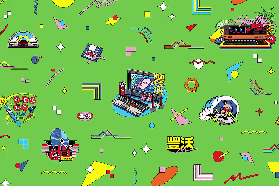 A vibrant green "sticker-bomb" style wallpaper. It's covered in various 90s-inspired tech illustrations, including a floppy disk, a "Mix Tape" CD, a retro laptop, a surfer on a computer mouse, and a "Healthy PC" workstation.