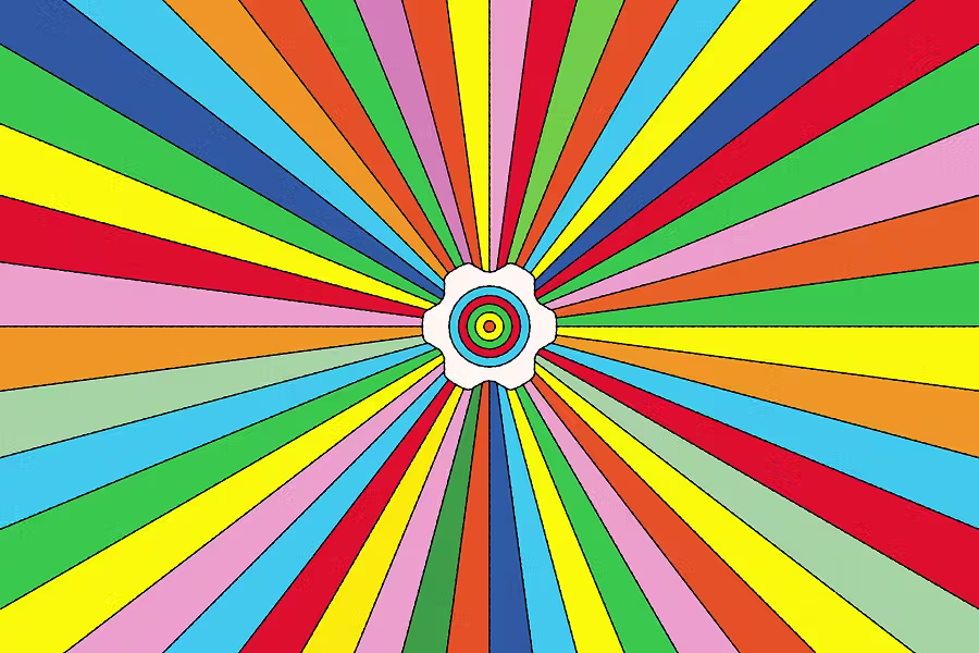 A colorful "sunburst" pattern with dozens of multi-colored rays radiating from the center. In the middle sits a white Framework gear logo containing a target-like concentric circle design.