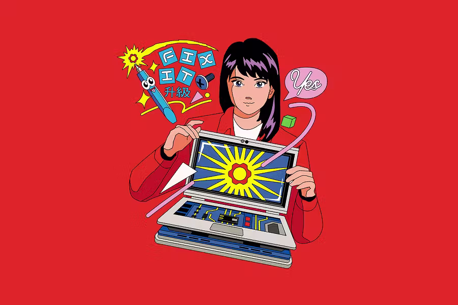 An anime-style illustration on a solid red background. A young woman with black hair holds a Framework Laptop, which is displaying a vibrant sunburst pattern. A "Fix It" logo and a speech bubble saying "Yes" float next to her.