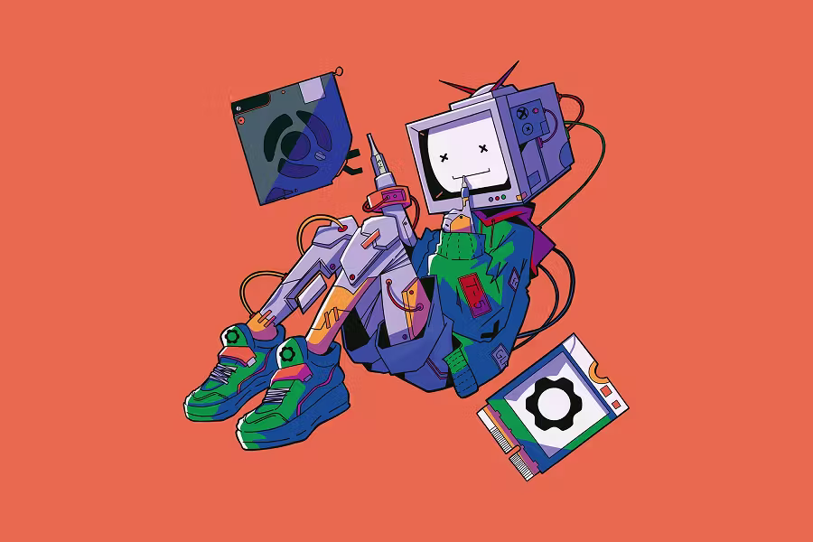 A detailed character illustration on an orange background. It features a "TV-head" robot character sitting down, wearing a blue hoodie and green sneakers with Framework gear logos. Floating around the character are a floppy disk and a motherboard component.