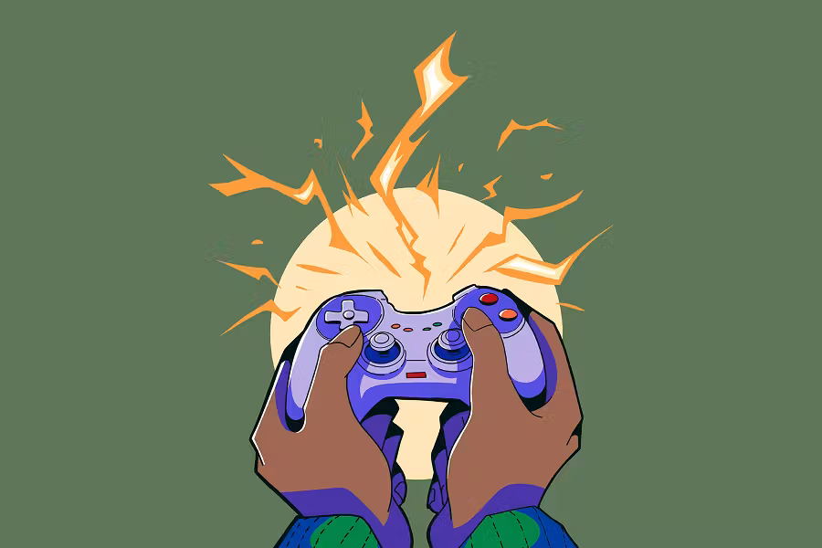 A dynamic  illustration of two hands holding a purple game controller against a sage green background. Orange lightning bolts crackle from a glowing circular light behind the controller, suggesting high-energy gameplay.