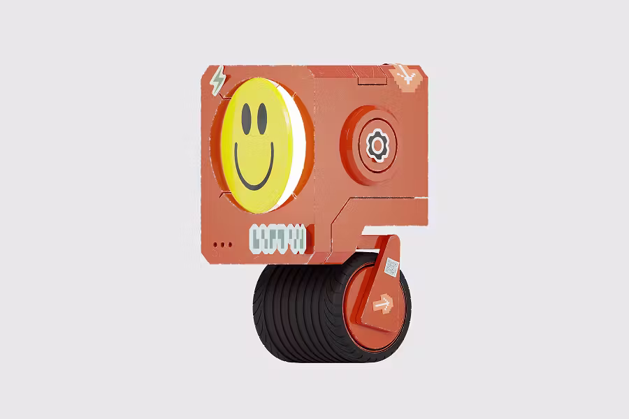 A 3D character render on a light grey background. The character is a modular orange robot head with a large yellow smiley face for a screen, resting on a single thick black tire for mobility.