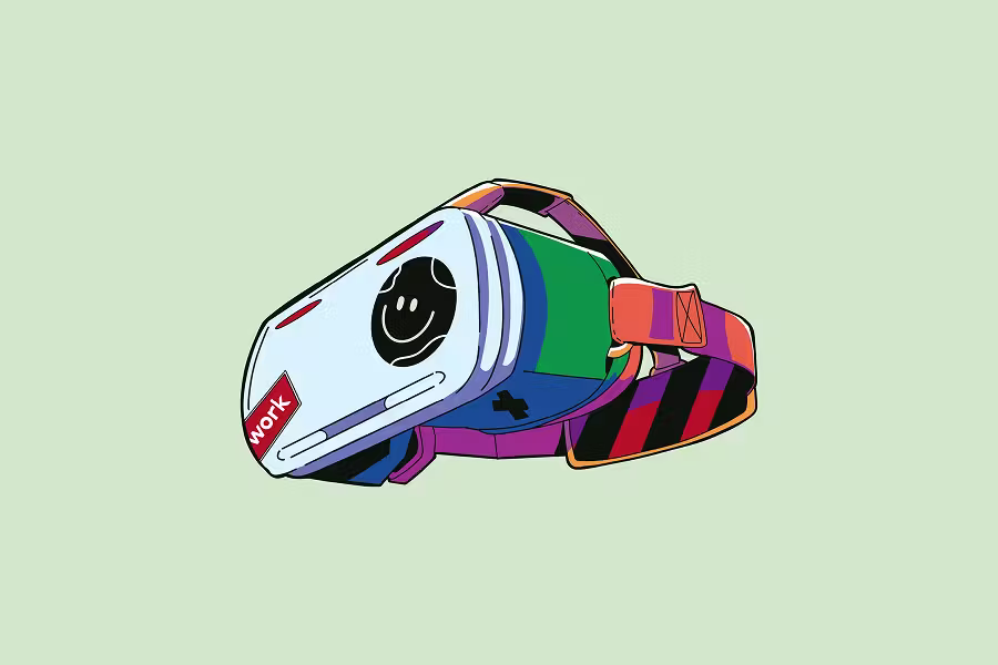 A stylized, 2D illustration of a VR headset on a light mint green background. The headset is decorated with a "work" sticker and a smiley face icon, featuring a vibrant color palette of orange, blue, and purple straps.