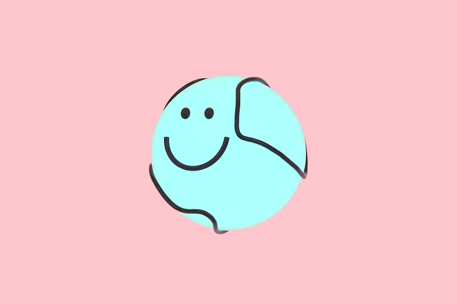 A minimalist 3D render on a soft pink background. It features a bright cyan-blue sphere with a simple black smiley face, partially wrapped in a black modular frame or wire.