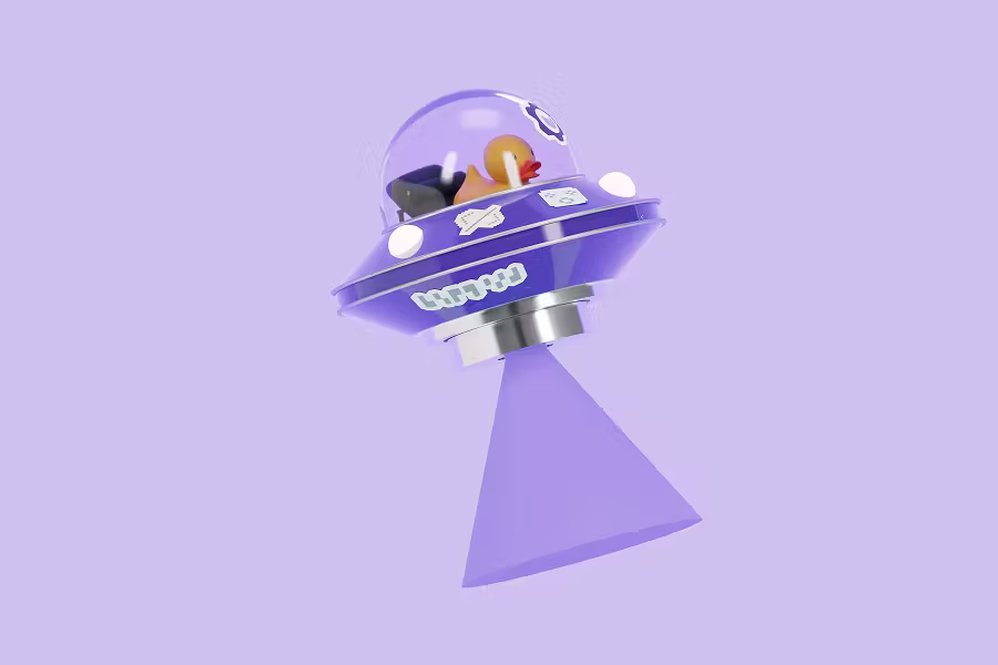 A playful 3D render of a purple UFO saucer on a light lavender background. A small rubber ducky is visible inside the glass cockpit, and a solid purple light beam shines downward from the ship's base.