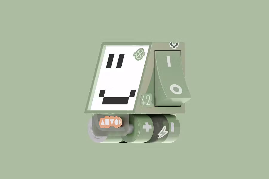 A 3D modular creature render on a sage green background. The head is a rectangular box with a pixelated smiley face and a large toggle switch on the side, all supported by a base made of two green AA batteries.