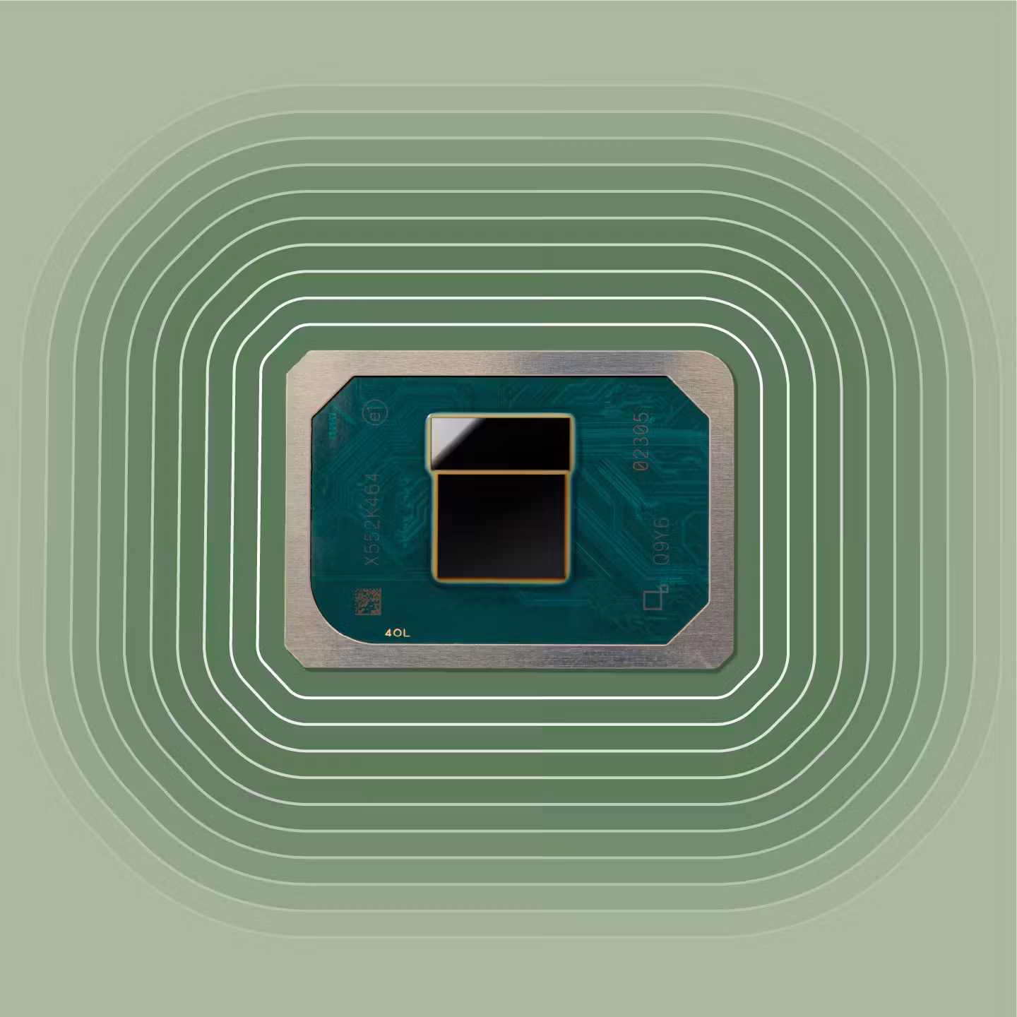 Close-up of a Intel® Core™ Series 3 chip against a green background.