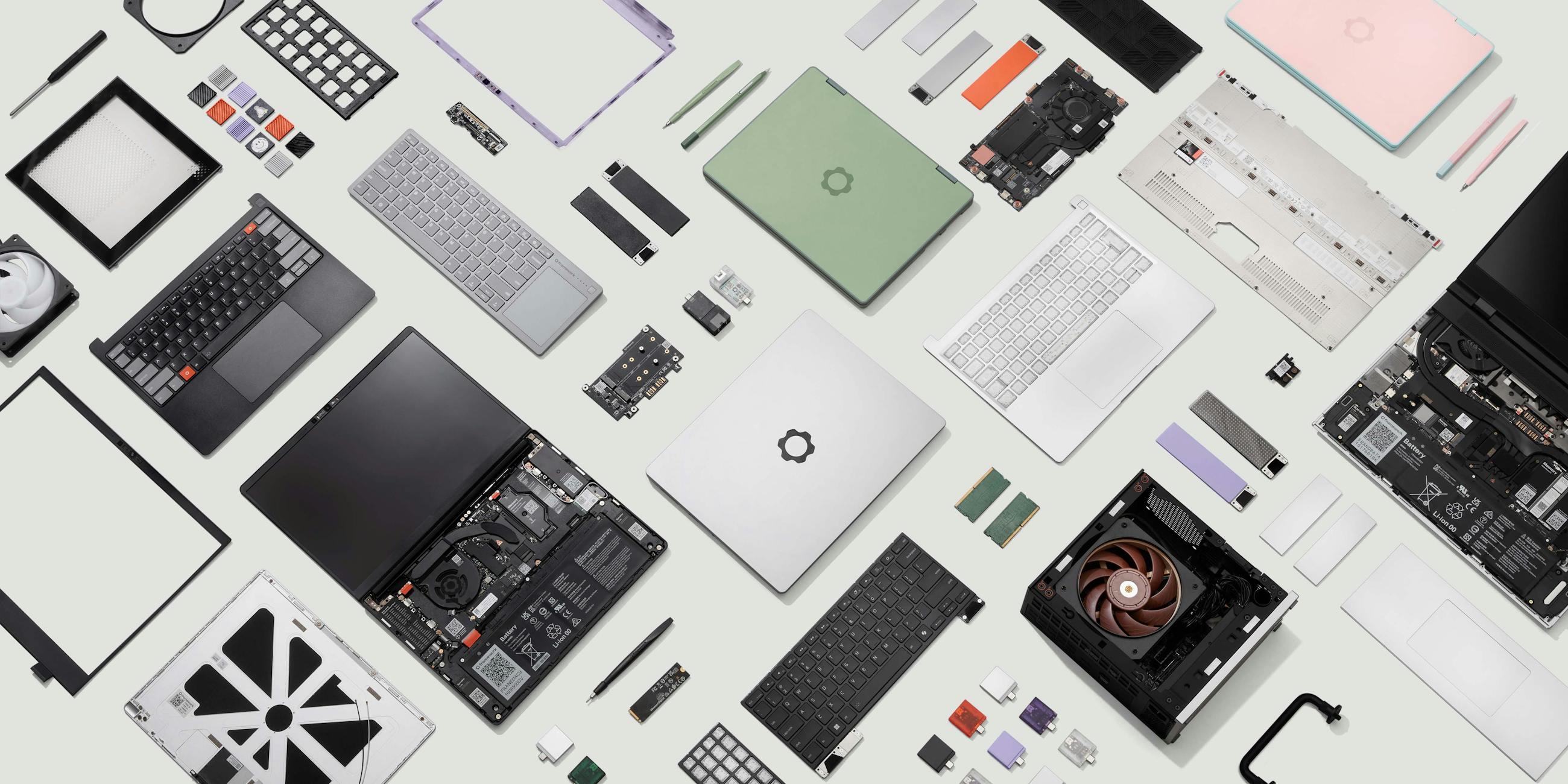 Framework products and parts arranged in a grid