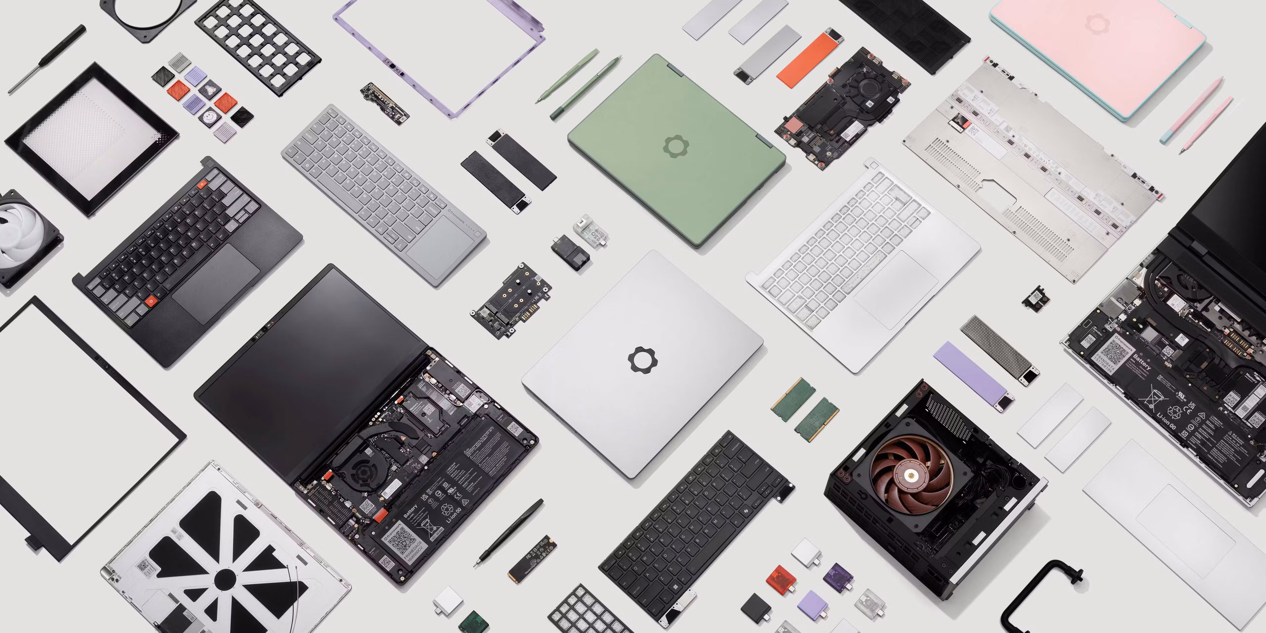 Different Framework products and parts arranged in a grid.
