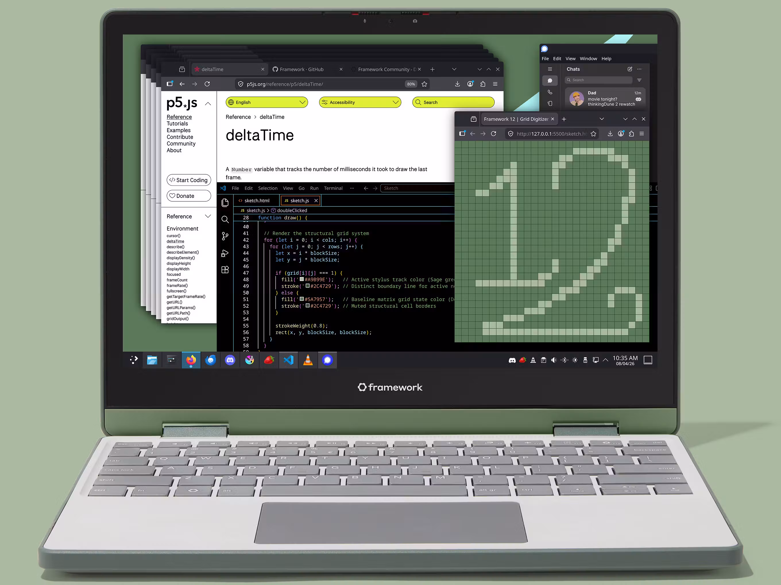 A Sage Framework Laptop 12 displaying multiple overlapping windows on screen, including a p5.js documentation page, a code editor with a stylus interaction sketch, a GitHub repository page, and a live grid-drawing canvas.
