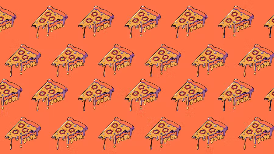 Repeating pattern of dripping, melting pizza slices with a gear-shaped pepperoni topping, on an orange background.