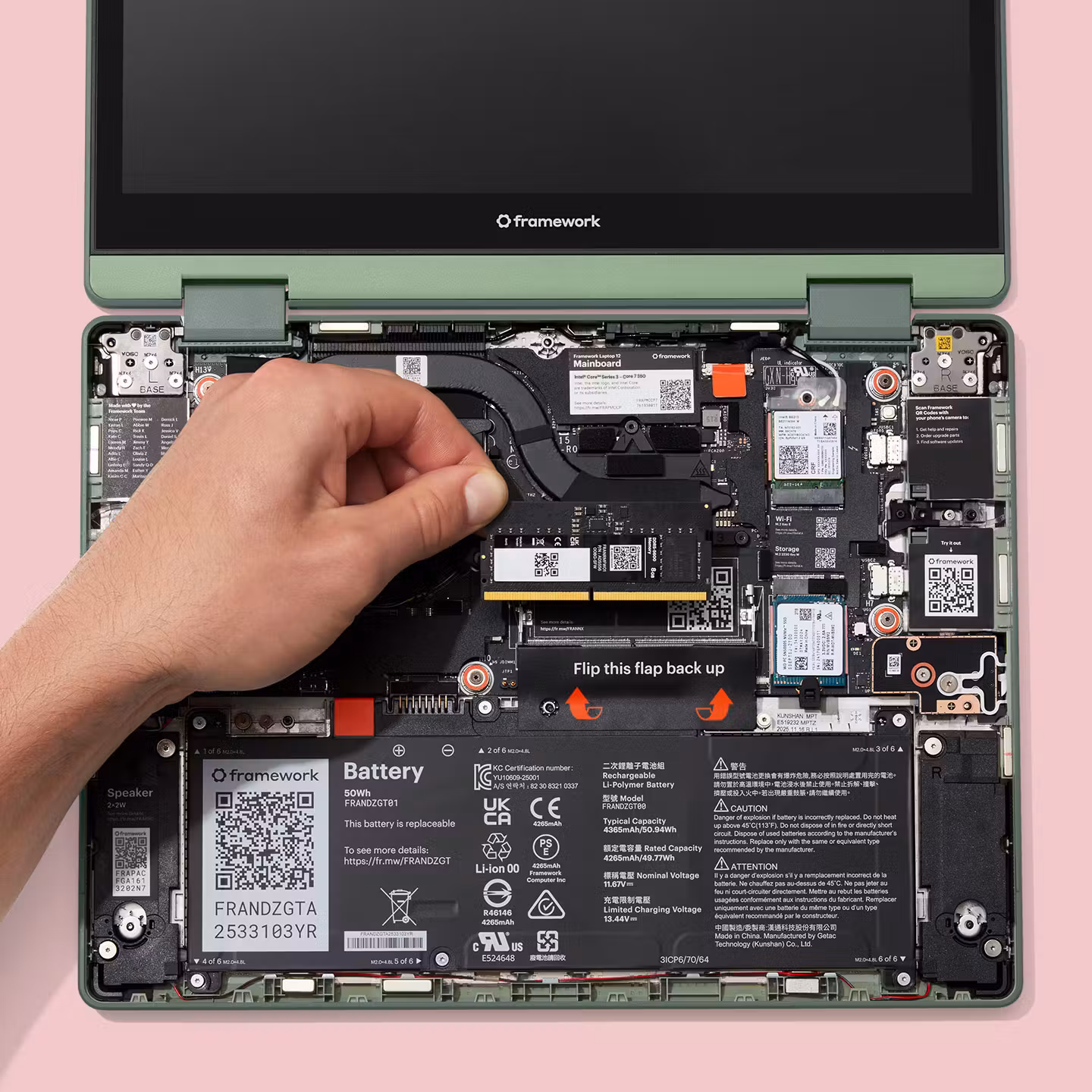 Interior view of a Sage colorway Framework Laptop 12 with the input cover removed, showing a hand lifting a component, set against a pink background.